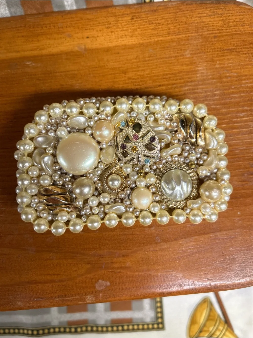 Vintage Custom Made Art Inspired Pearl Beaded Embellished - Gold & Cream Buckle